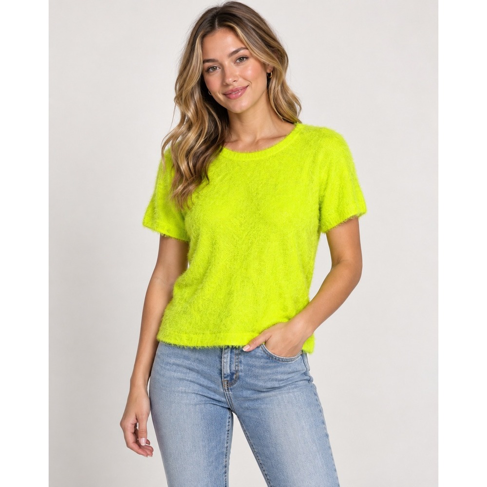 Simply Noelle Women's Medium Neon Lime Green Fuzzy Short Sleeve Sweater Y2K